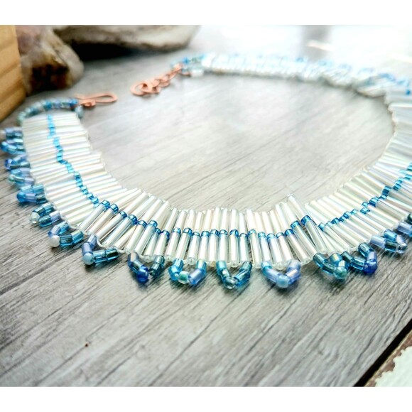 Iridescent Seed Bead Choker, Adjustable Choker Necklace, Artisan Boho Statement - Picture 2 of 7